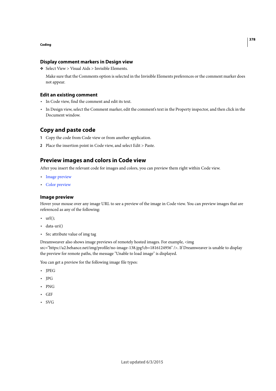 Display comment markers in design view, Edit an existing comment, Copy and paste code | Preview images and colors in code view, Image preview | Adobe Dreamweaver CC 2015 User Manual | Page 385 / 700