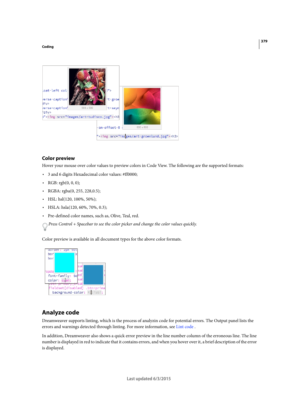 Color preview, Analyze code | Adobe Dreamweaver CC 2015 User Manual | Page 386 / 700