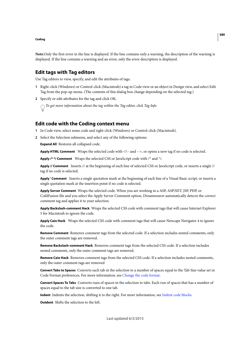 Edit tags with tag editors, Edit code with the coding context menu | Adobe Dreamweaver CC 2015 User Manual | Page 387 / 700