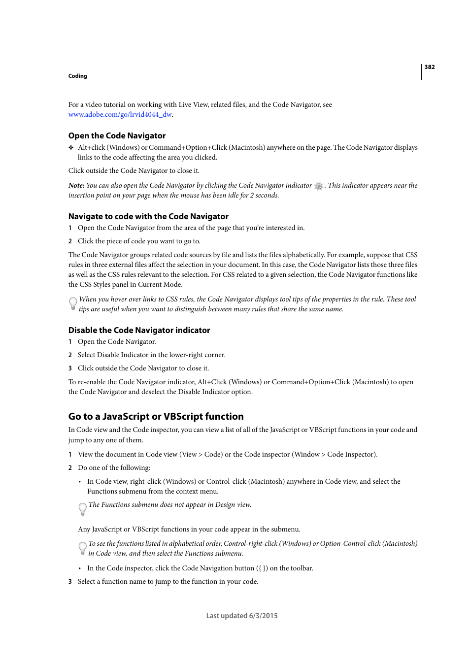 Open the code navigator, Navigate to code with the code navigator, Disable the code navigator indicator | Go to a javascript or vbscript function | Adobe Dreamweaver CC 2015 User Manual | Page 389 / 700