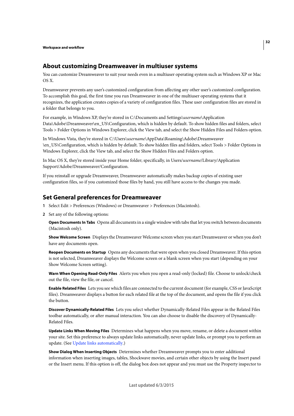 About customizing dreamweaver in multiuser systems, Set general preferences for dreamweaver | Adobe Dreamweaver CC 2015 User Manual | Page 39 / 700