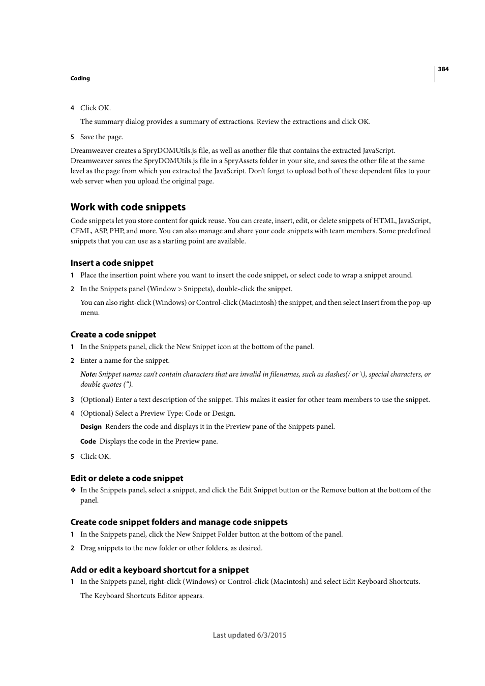 Work with code snippets, Insert a code snippet, Create a code snippet | Edit or delete a code snippet, Add or edit a keyboard shortcut for a snippet | Adobe Dreamweaver CC 2015 User Manual | Page 391 / 700