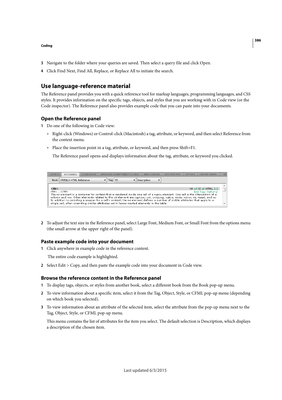 Use language-reference material, Open the reference panel, Paste example code into your document | Adobe Dreamweaver CC 2015 User Manual | Page 393 / 700