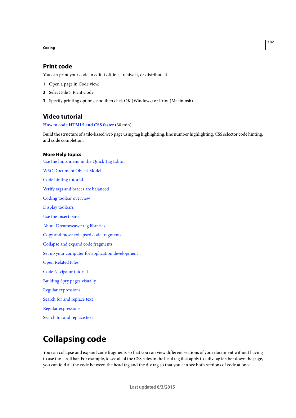 Print code, Video tutorial, Collapsing code | Adobe Dreamweaver CC 2015 User Manual | Page 394 / 700