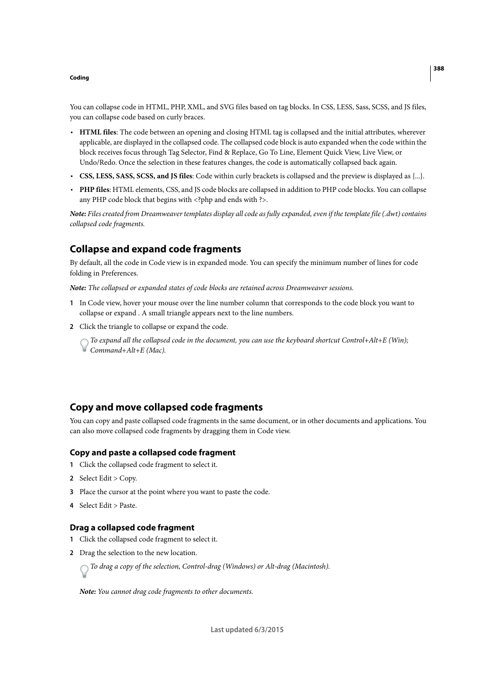 Collapse and expand code fragments, Copy and move collapsed code fragments, Copy and paste a collapsed code fragment | Drag a collapsed code fragment | Adobe Dreamweaver CC 2015 User Manual | Page 395 / 700