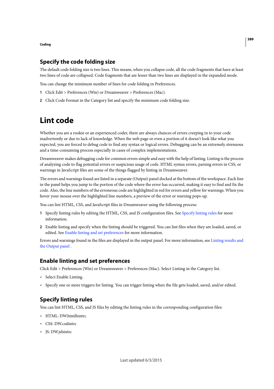 Specify the code folding size, Lint code, Enable linting and set preferences | Specify linting rules | Adobe Dreamweaver CC 2015 User Manual | Page 396 / 700