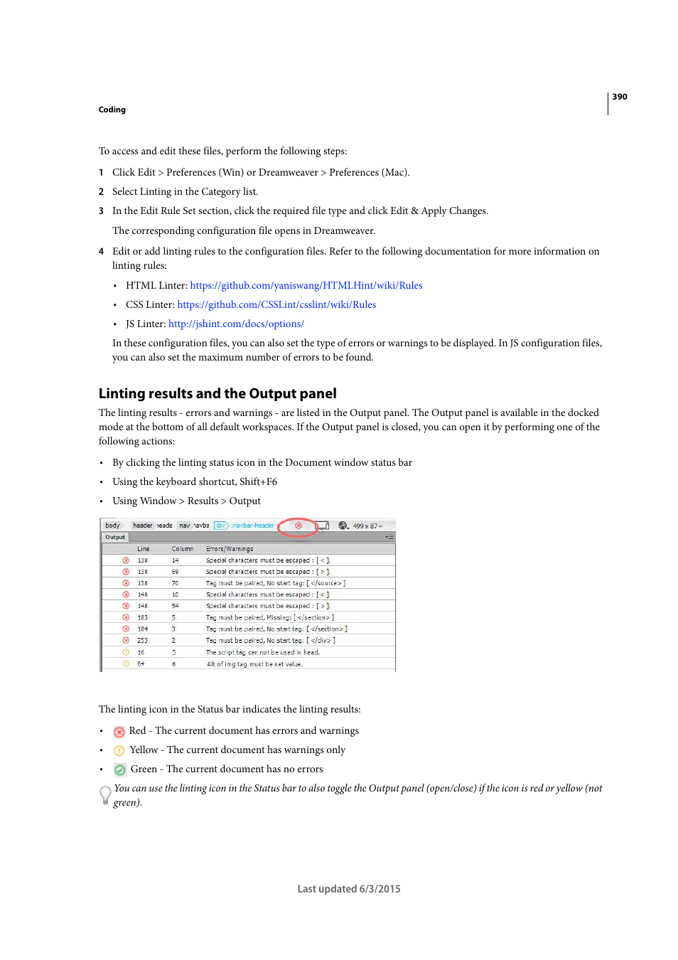 Linting results and the output panel | Adobe Dreamweaver CC 2015 User Manual | Page 397 / 700