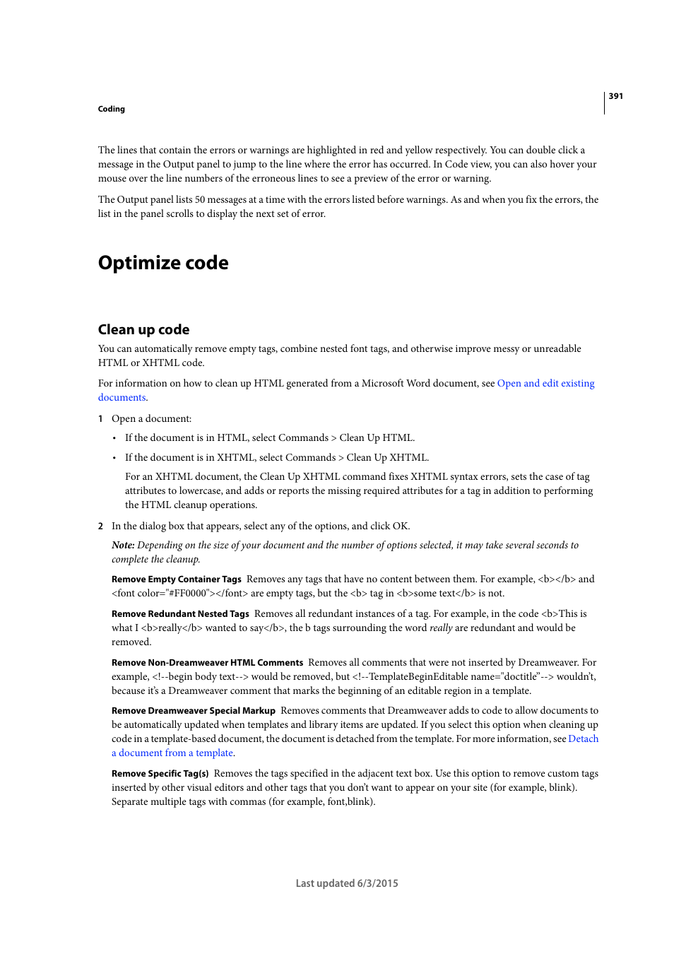 Optimize code, Clean up code | Adobe Dreamweaver CC 2015 User Manual | Page 398 / 700
