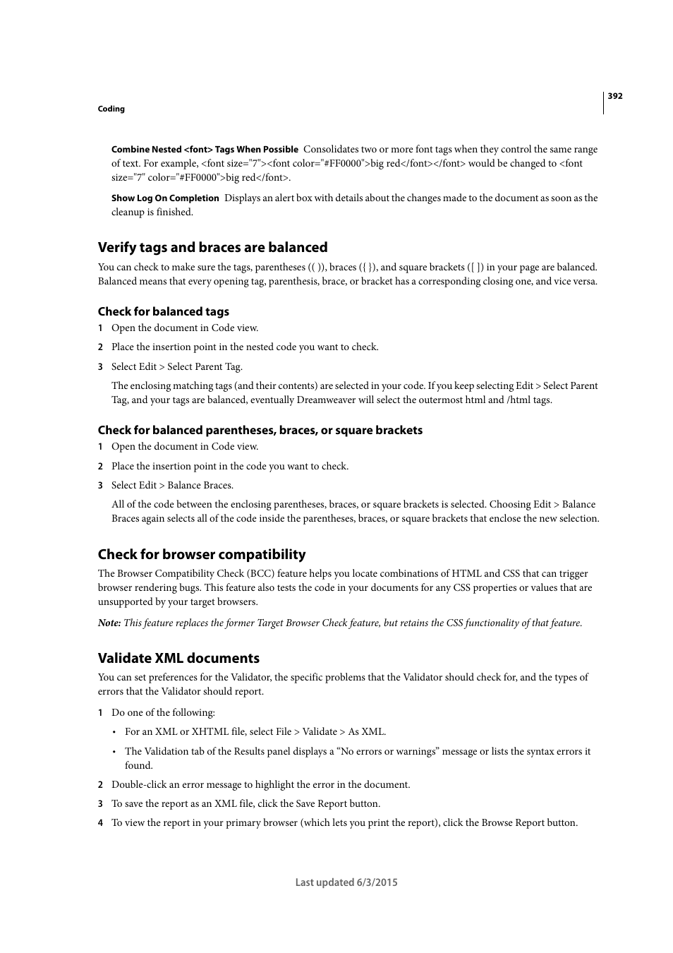 Verify tags and braces are balanced, Check for balanced tags, Check for browser compatibility | Validate xml documents | Adobe Dreamweaver CC 2015 User Manual | Page 399 / 700