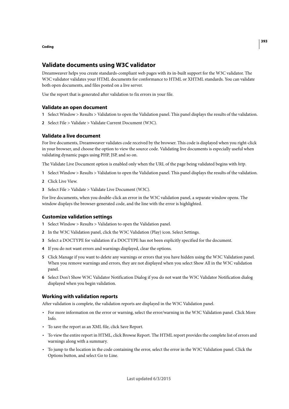 Validate documents using w3c validator, Validate an open document, Validate a live document | Customize validation settings, Working with validation reports | Adobe Dreamweaver CC 2015 User Manual | Page 400 / 700