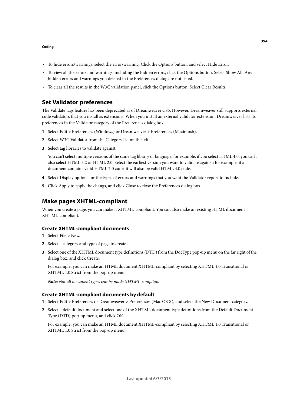 Set validator preferences, Create xhtml-compliant documents, Create xhtml-compliant documents by default | Make pages xhtml-compliant | Adobe Dreamweaver CC 2015 User Manual | Page 401 / 700