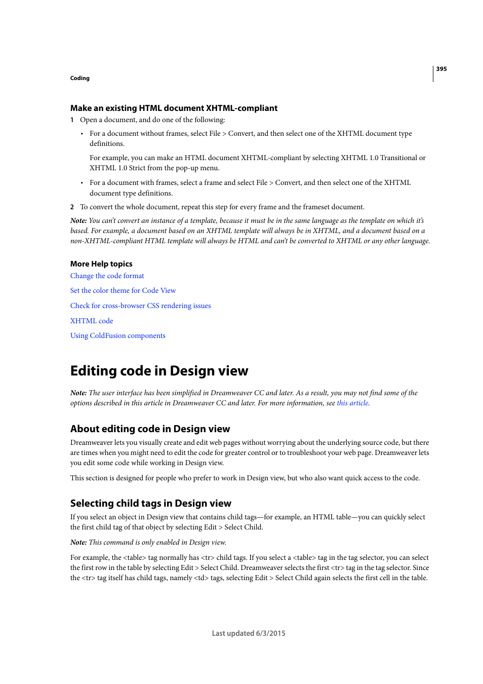 Make an existing html document xhtml-compliant, Editing code in design view, About editing code in design view | Selecting child tags in design view | Adobe Dreamweaver CC 2015 User Manual | Page 402 / 700