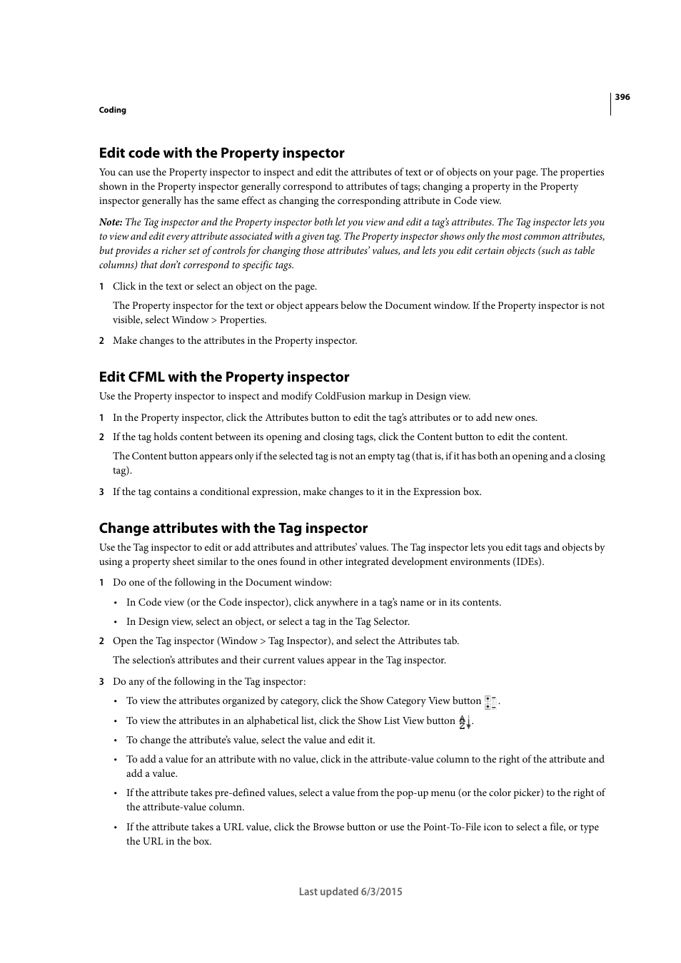 Edit code with the property inspector, Edit cfml with the property inspector, Change attributes with the tag inspector | Adobe Dreamweaver CC 2015 User Manual | Page 403 / 700