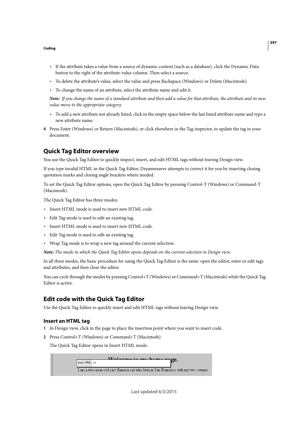 Quick tag editor overview, Edit code with the quick tag editor, Insert an html tag | Adobe Dreamweaver CC 2015 User Manual | Page 404 / 700