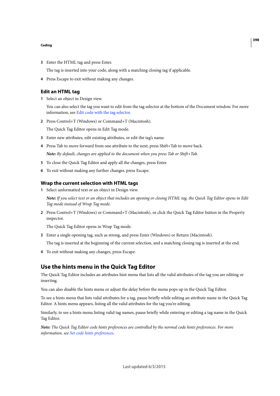 Edit an html tag, Wrap the current selection with html tags, Use the hints menu in the quick tag editor | Adobe Dreamweaver CC 2015 User Manual | Page 405 / 700