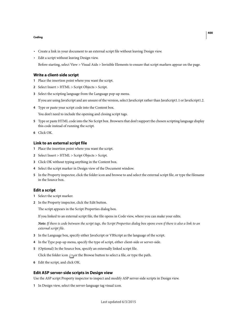 Write a client-side script, Link to an external script file, Edit a script | Edit asp server-side scripts in design view | Adobe Dreamweaver CC 2015 User Manual | Page 407 / 700