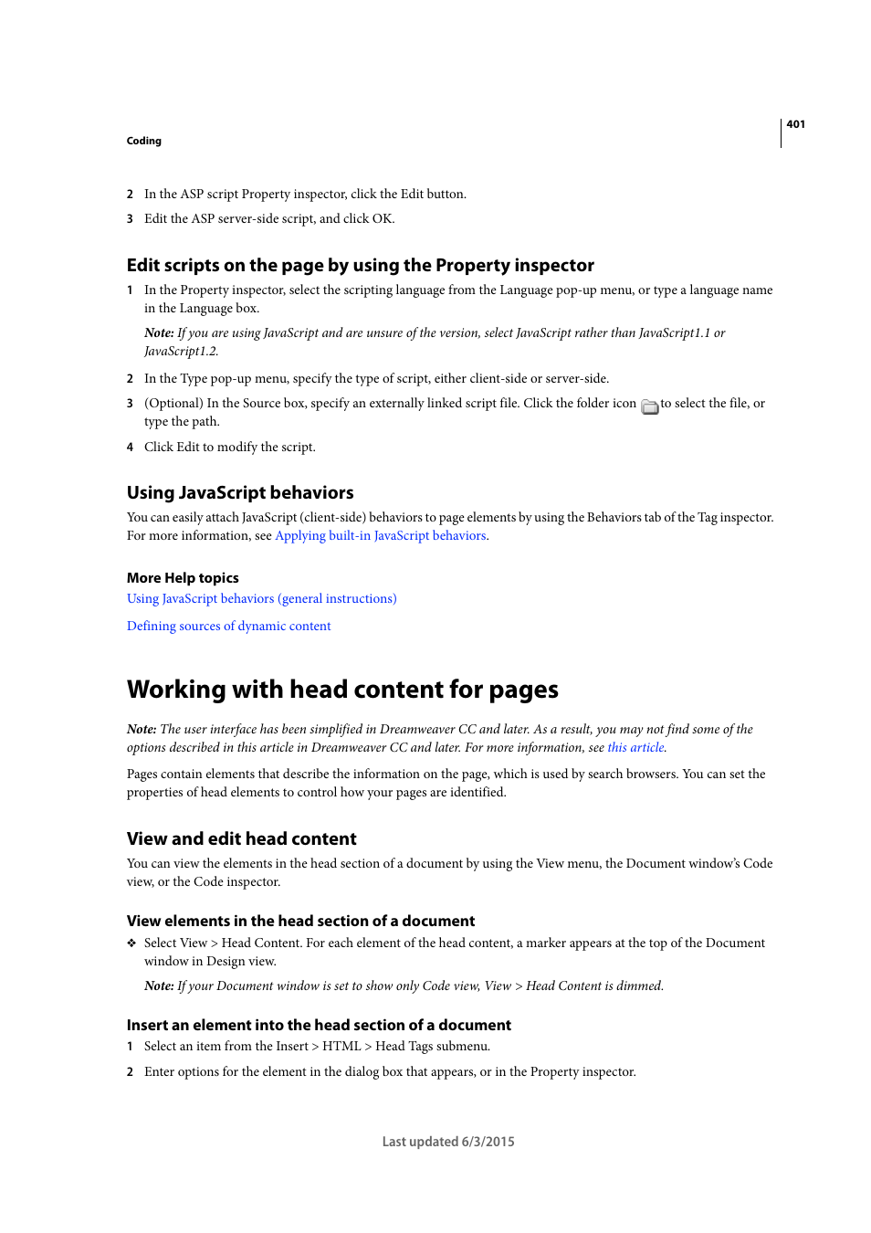 Using javascript behaviors, View and edit head content, View elements in the head section of a document | Working with head content for pages | Adobe Dreamweaver CC 2015 User Manual | Page 408 / 700