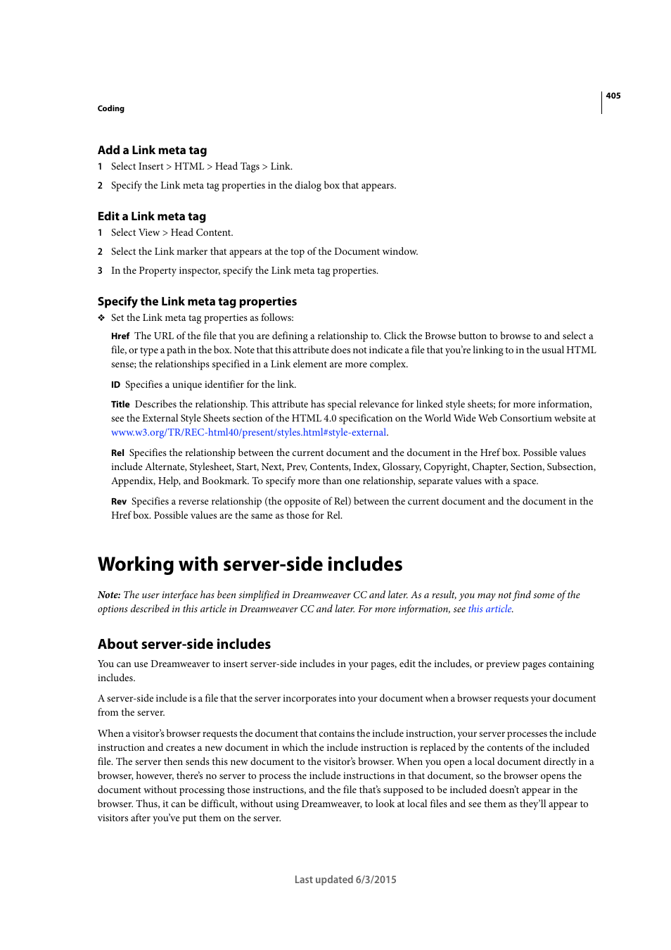 Add a link meta tag, Edit a link meta tag, Specify the link meta tag properties | Working with server-side includes, About server-side includes | Adobe Dreamweaver CC 2015 User Manual | Page 412 / 700