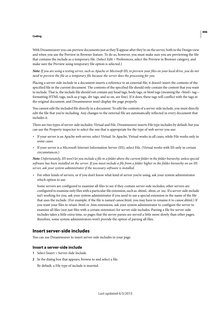 Insert server-side includes, Insert a server-side include | Adobe Dreamweaver CC 2015 User Manual | Page 413 / 700