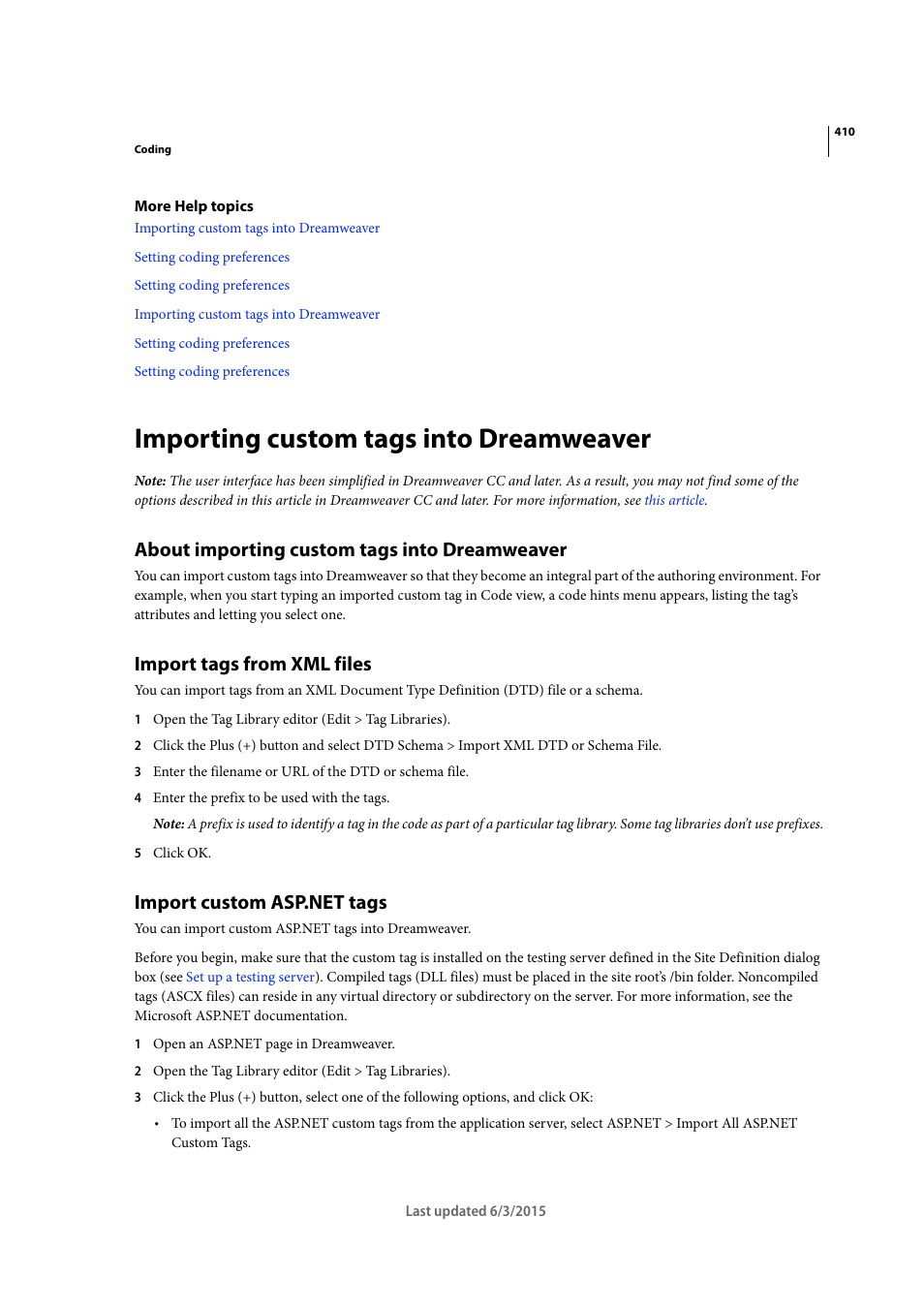 Importing custom tags into dreamweaver, About importing custom tags into dreamweaver, Import tags from xml files | Import custom asp.net tags | Adobe Dreamweaver CC 2015 User Manual | Page 417 / 700