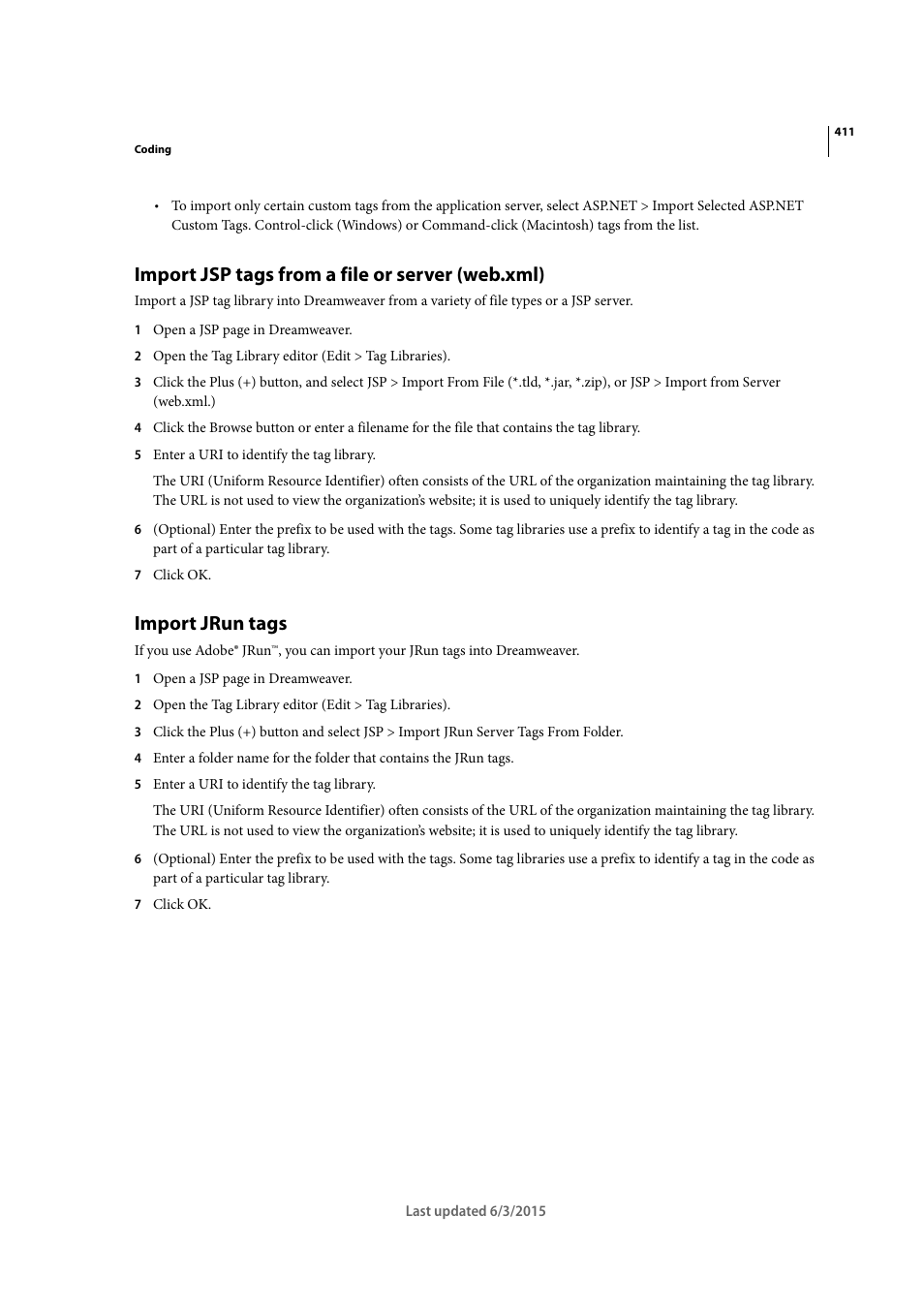 Import jsp tags from a file or server (web.xml), Import jrun tags | Adobe Dreamweaver CC 2015 User Manual | Page 418 / 700