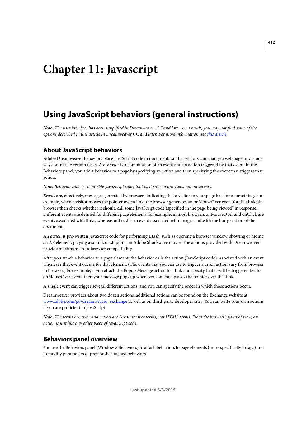 Chapter 11: javascript, Using javascript behaviors (general instructions), About javascript behaviors | Behaviors panel overview | Adobe Dreamweaver CC 2015 User Manual | Page 419 / 700