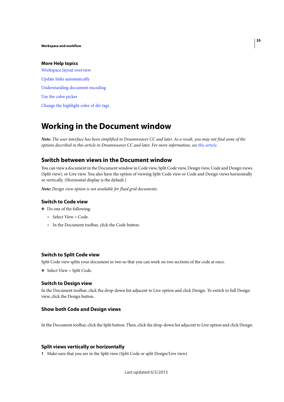 Working in the document window, Switch between views in the document window, Switch to code view | Switch to split code view, Switch to design view, Show both code and design views, Split views vertically or horizontally | Adobe Dreamweaver CC 2015 User Manual | Page 42 / 700