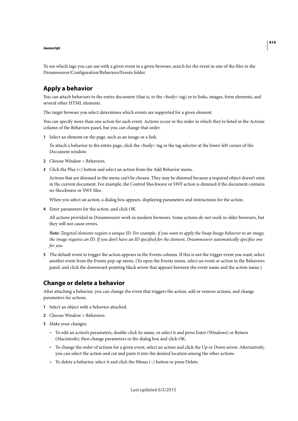 Apply a behavior, Change or delete a behavior | Adobe Dreamweaver CC 2015 User Manual | Page 421 / 700