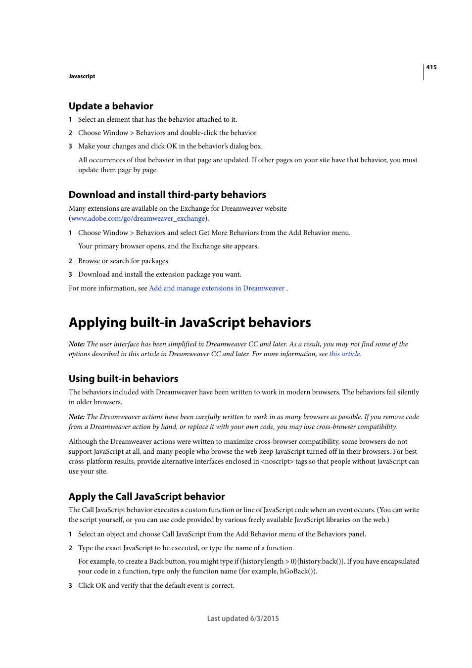 Update a behavior, Download and install third-party behaviors, Applying built-in javascript behaviors | Using built-in behaviors, Apply the call javascript behavior | Adobe Dreamweaver CC 2015 User Manual | Page 422 / 700