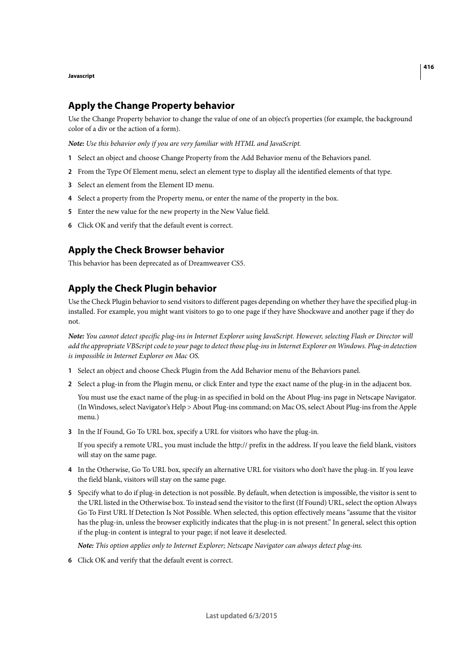 Apply the change property behavior, Apply the check browser behavior, Apply the check plugin behavior | Adobe Dreamweaver CC 2015 User Manual | Page 423 / 700