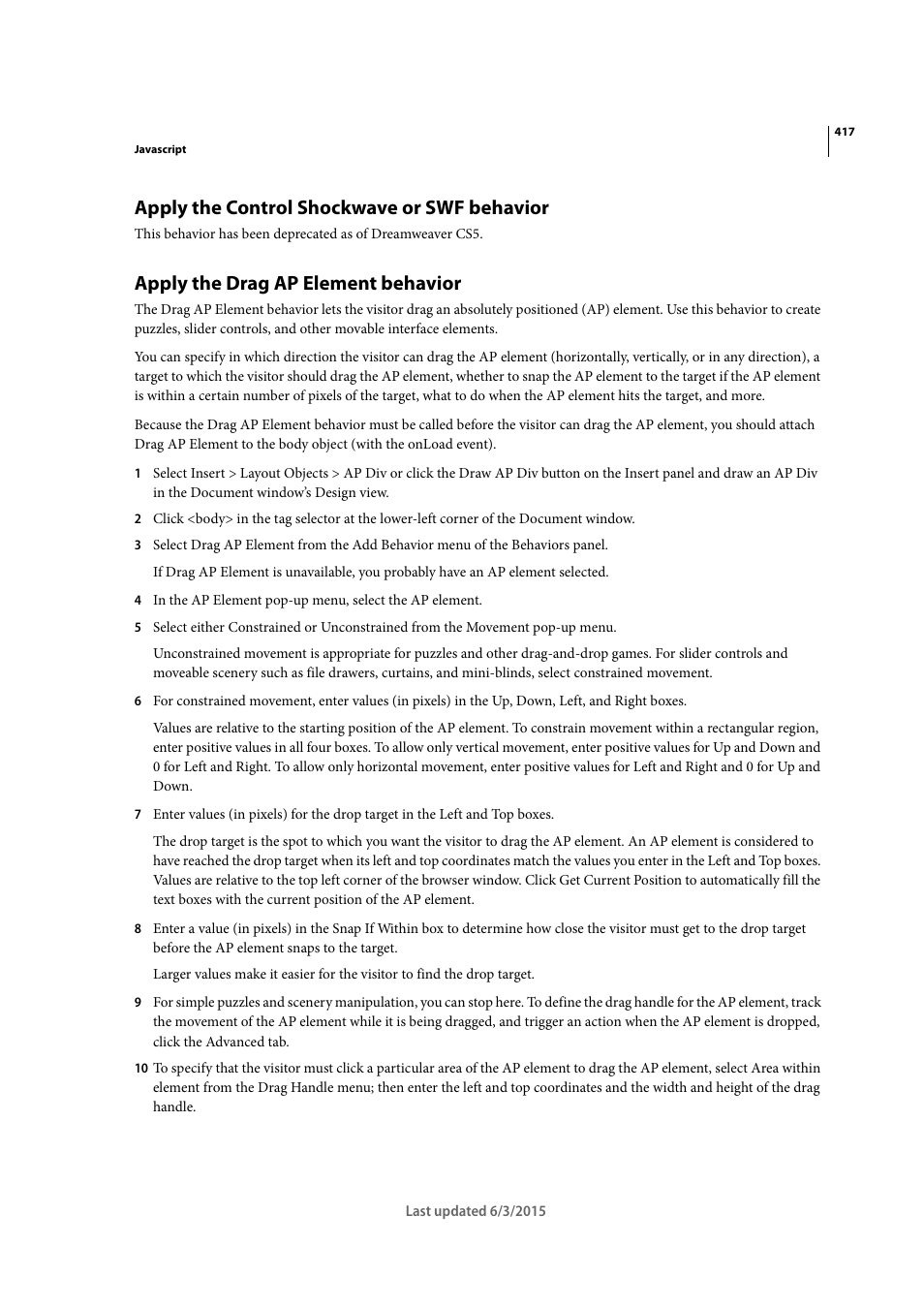 Apply the control shockwave or swf behavior, Apply the drag ap element behavior | Adobe Dreamweaver CC 2015 User Manual | Page 424 / 700