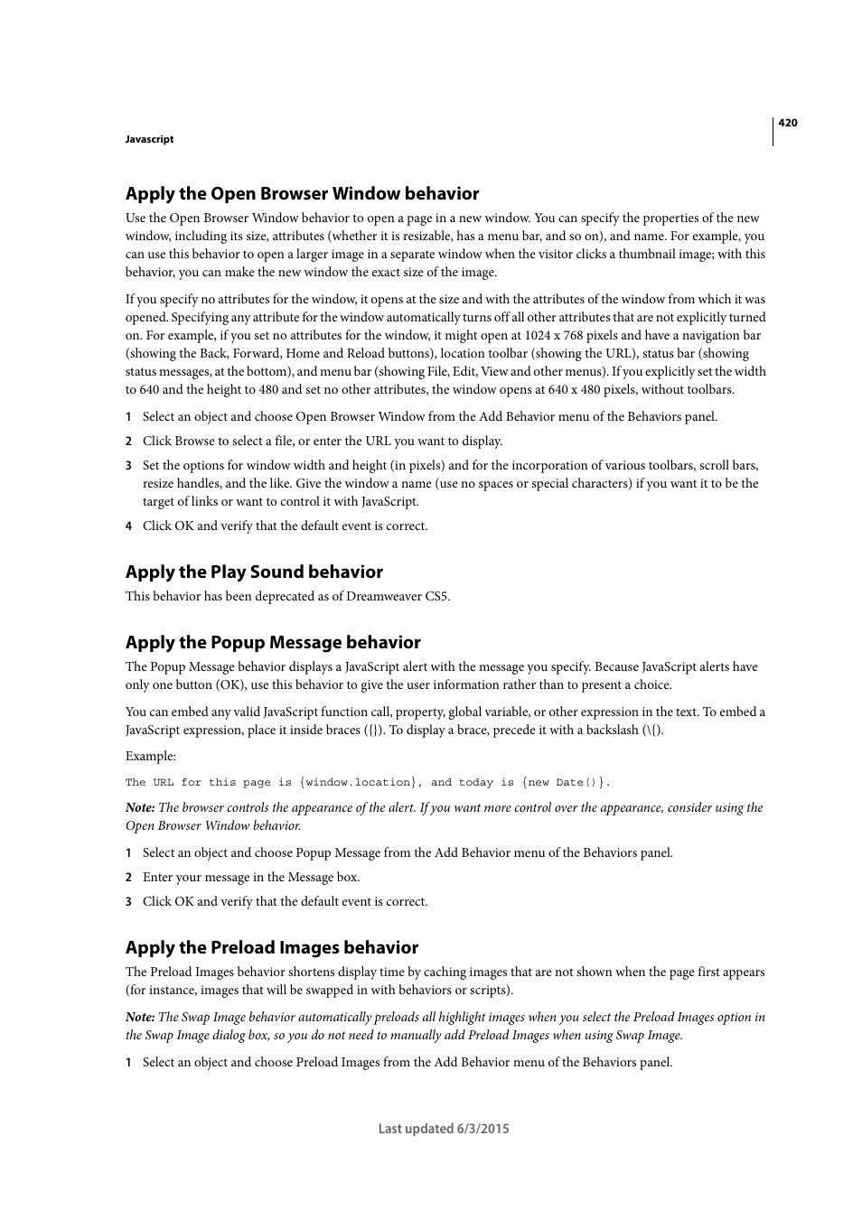 Apply the open browser window behavior, Apply the play sound behavior, Apply the popup message behavior | Apply the preload images behavior | Adobe Dreamweaver CC 2015 User Manual | Page 427 / 700
