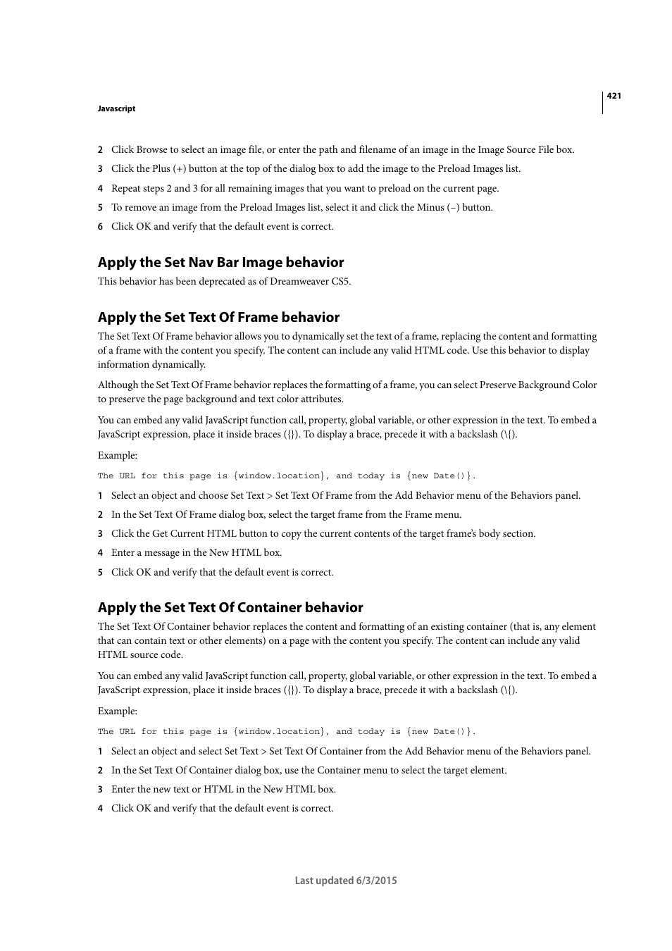 Apply the set nav bar image behavior, Apply the set text of frame behavior, Apply the set text of container behavior | Adobe Dreamweaver CC 2015 User Manual | Page 428 / 700