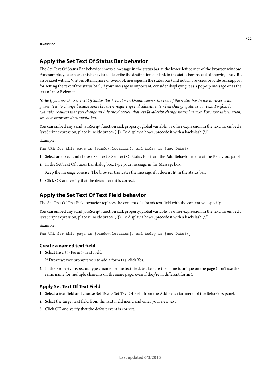 Apply the set text of status bar behavior, Apply the set text of text field behavior, Create a named text field | Apply set text of text field | Adobe Dreamweaver CC 2015 User Manual | Page 429 / 700