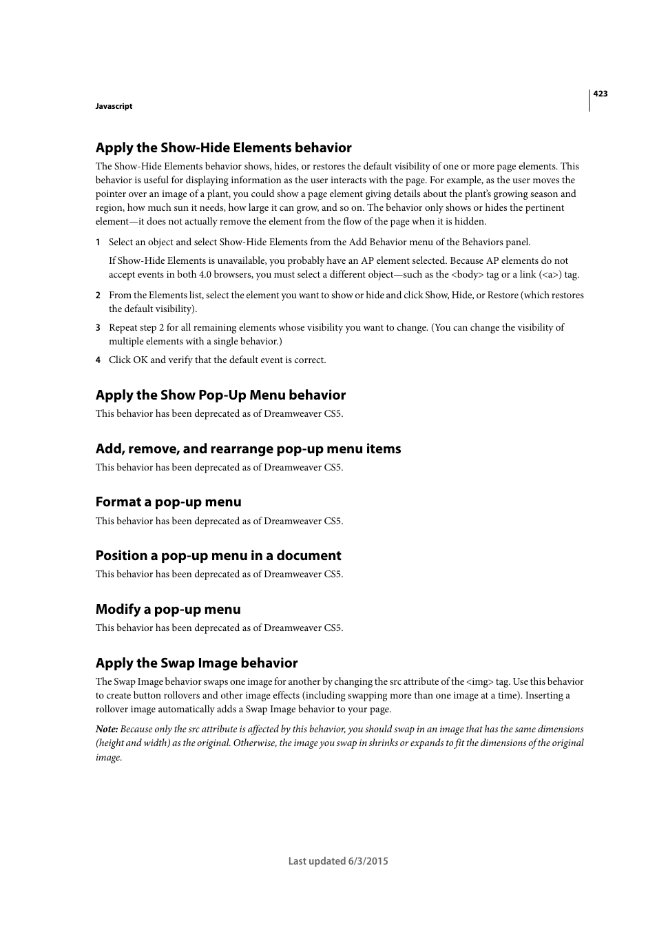 Apply the show-hide elements behavior, Apply the show pop-up menu behavior, Add, remove, and rearrange pop-up menu items | Format a pop-up menu, Position a pop-up menu in a document, Modify a pop-up menu, Apply the swap image behavior | Adobe Dreamweaver CC 2015 User Manual | Page 430 / 700