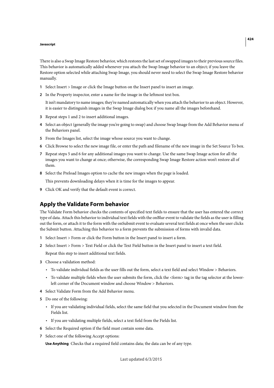 Apply the validate form behavior | Adobe Dreamweaver CC 2015 User Manual | Page 431 / 700