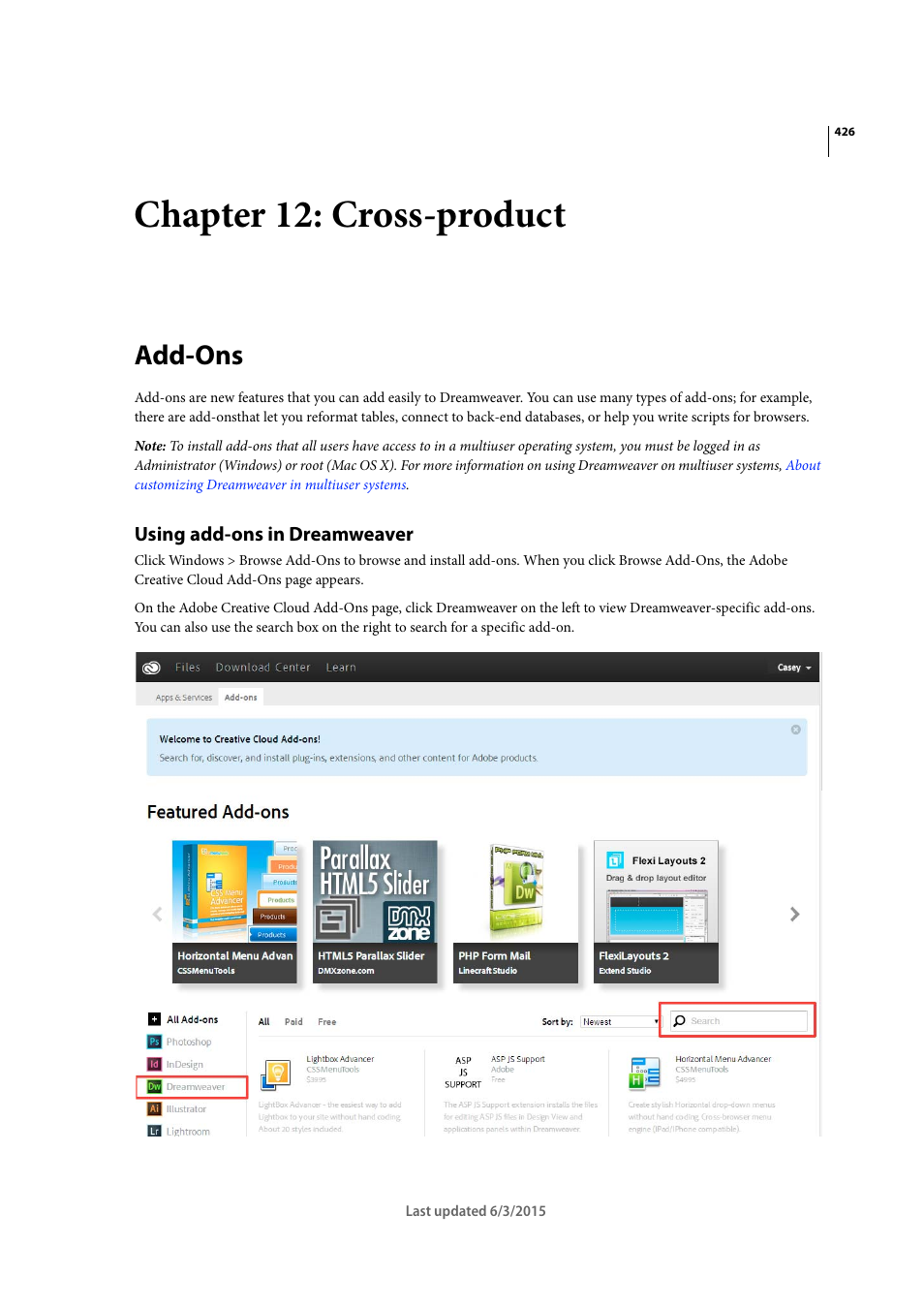 Chapter 12: cross-product, Add-ons, Using add-ons in dreamweaver | Adobe Dreamweaver CC 2015 User Manual | Page 433 / 700