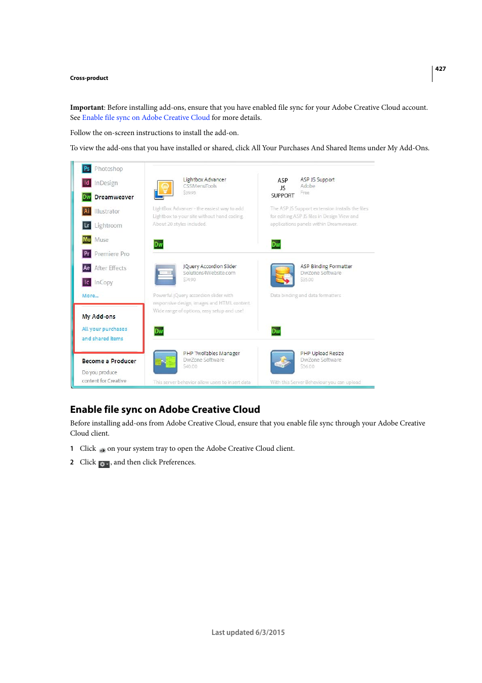 Enable file sync on adobe creative cloud | Adobe Dreamweaver CC 2015 User Manual | Page 434 / 700