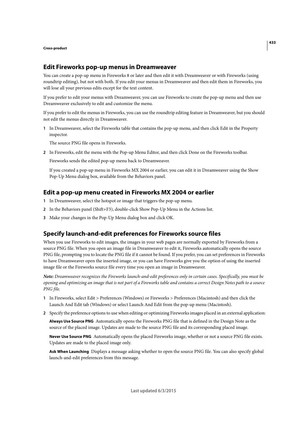 Edit fireworks pop-up menus in dreamweaver | Adobe Dreamweaver CC 2015 User Manual | Page 440 / 700