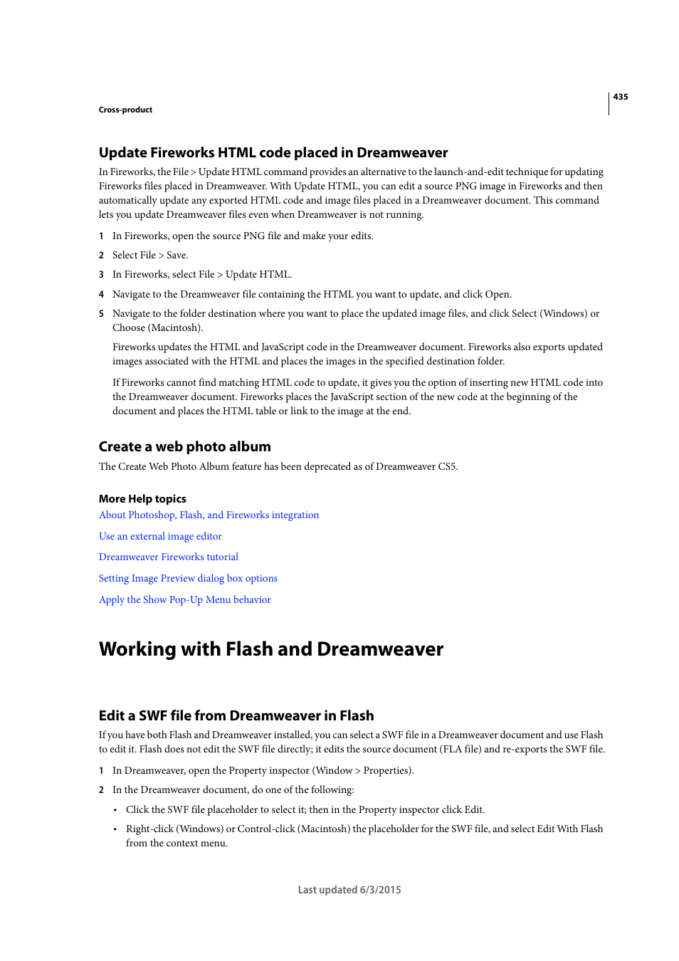 Update fireworks html code placed in dreamweaver, Create a web photo album, Working with flash and dreamweaver | Edit a swf file from dreamweaver in flash | Adobe Dreamweaver CC 2015 User Manual | Page 442 / 700