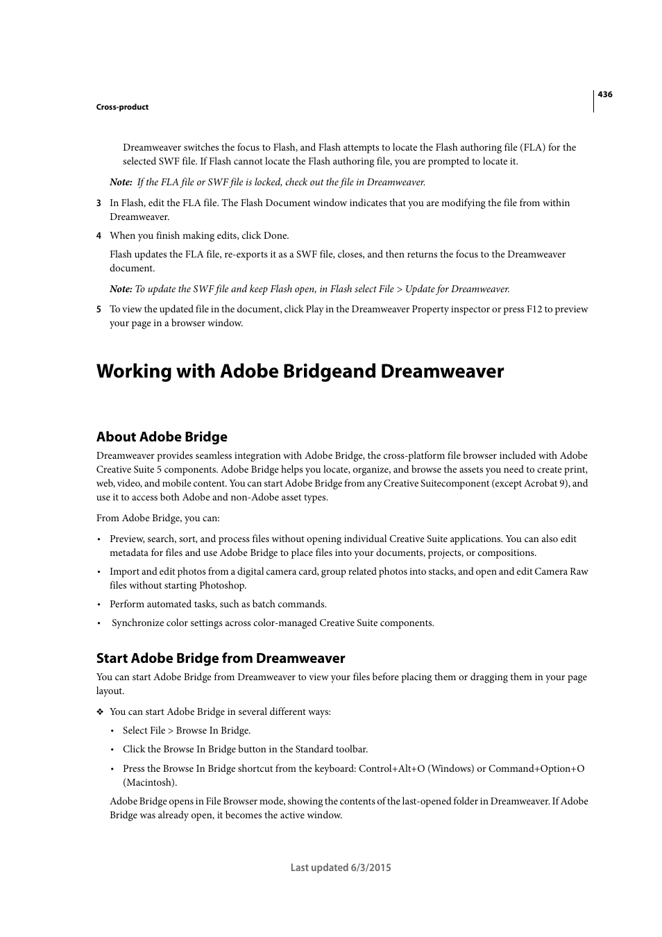 Working with adobe bridgeand dreamweaver, About adobe bridge, Start adobe bridge from dreamweaver | Adobe Dreamweaver CC 2015 User Manual | Page 443 / 700