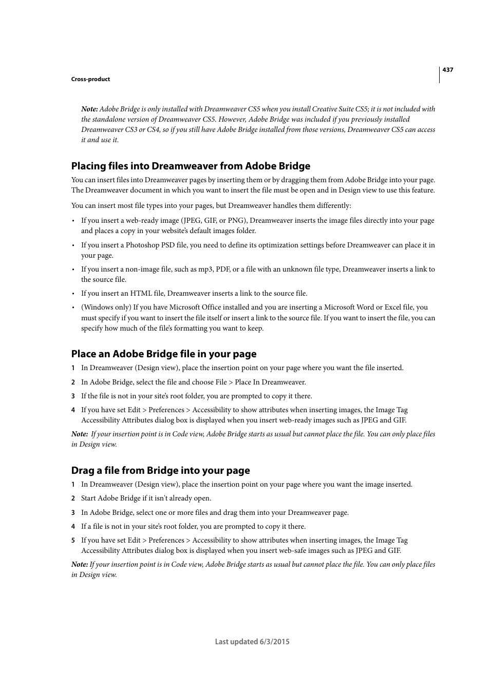 Placing files into dreamweaver from adobe bridge, Place an adobe bridge file in your page, Drag a file from bridge into your page | Adobe Dreamweaver CC 2015 User Manual | Page 444 / 700