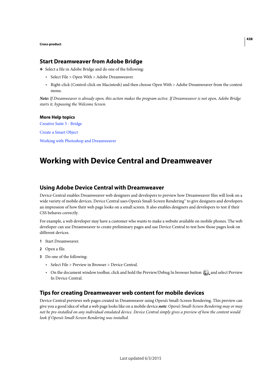 Start dreamweaver from adobe bridge, Working with device central and dreamweaver, Using adobe device central with dreamweaver | Adobe Dreamweaver CC 2015 User Manual | Page 445 / 700