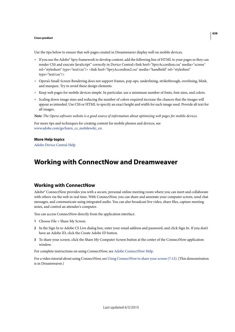 Working with connectnow and dreamweaver, Working with connectnow | Adobe Dreamweaver CC 2015 User Manual | Page 446 / 700