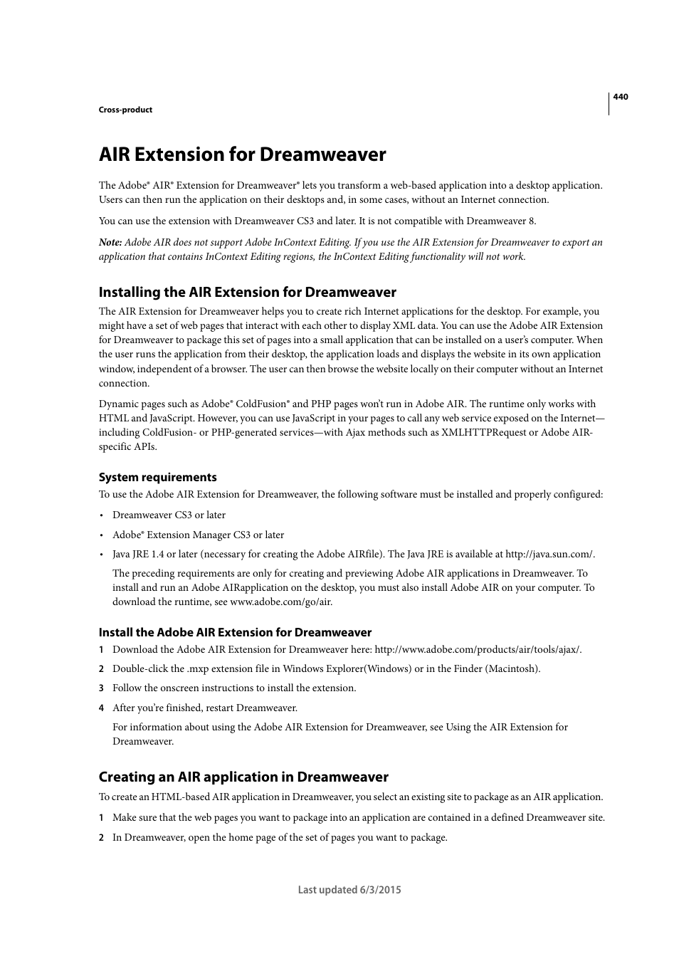 Air extension for dreamweaver, Installing the air extension for dreamweaver, System requirements | Install the adobe air extension for dreamweaver, Creating an air application in dreamweaver | Adobe Dreamweaver CC 2015 User Manual | Page 447 / 700