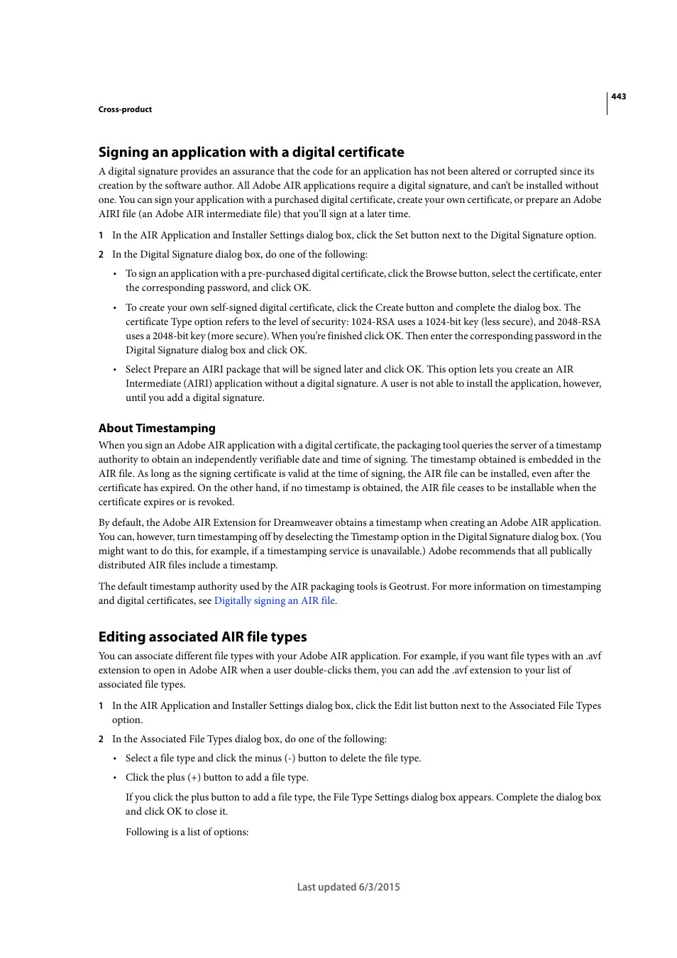 Signing an application with a digital certificate, About timestamping, Editing associated air file types | Adobe Dreamweaver CC 2015 User Manual | Page 450 / 700