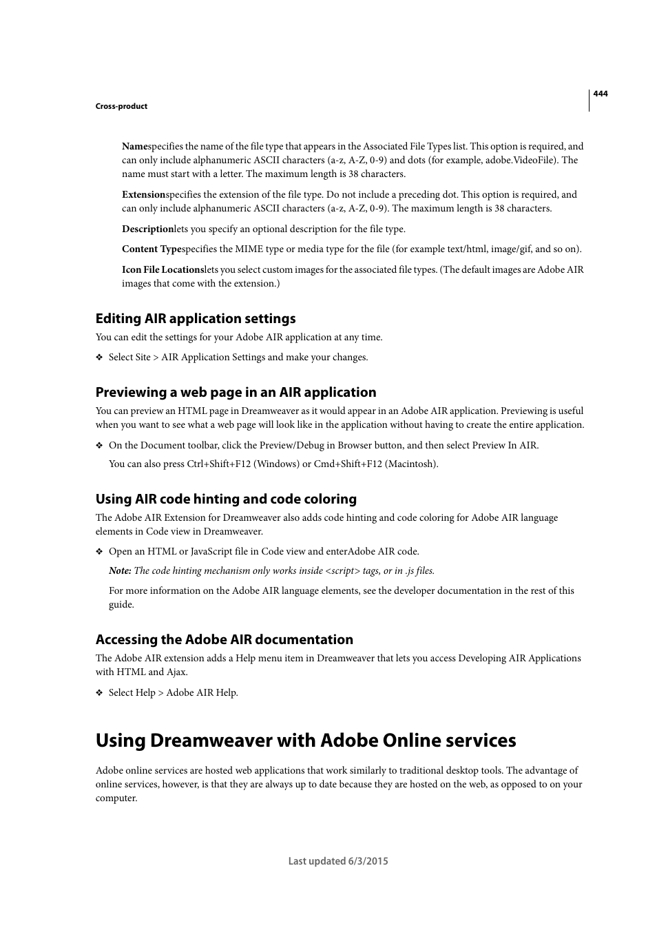 Editing air application settings, Using air code hinting and code coloring, Accessing the adobe air documentation | Using dreamweaver with adobe online services, Previewing a web page in an air application | Adobe Dreamweaver CC 2015 User Manual | Page 451 / 700