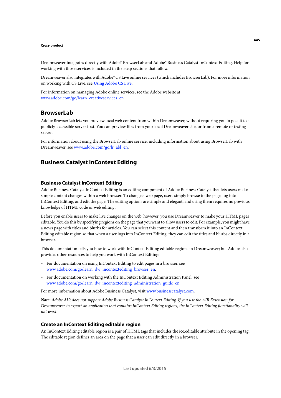 Browserlab, Business catalyst incontext editing, Create an incontext editing editable region | Adobe Dreamweaver CC 2015 User Manual | Page 452 / 700