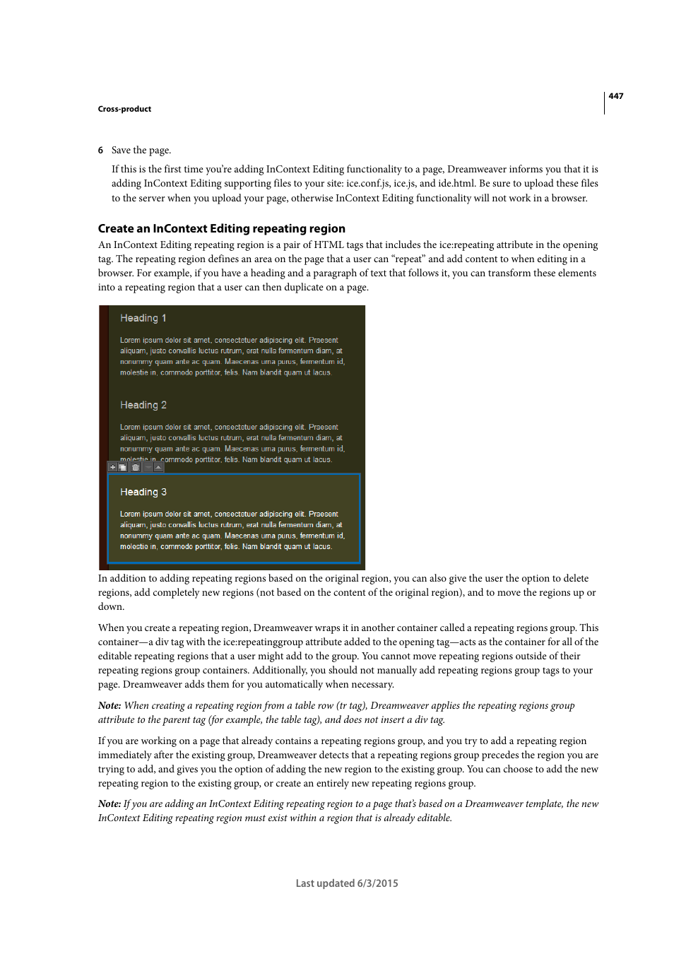 Create an incontext editing repeating region | Adobe Dreamweaver CC 2015 User Manual | Page 454 / 700