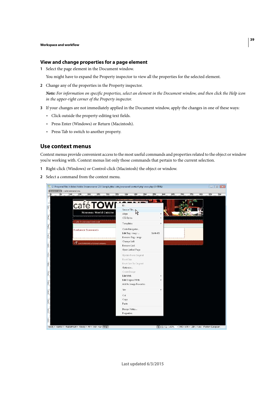 Use context menus | Adobe Dreamweaver CC 2015 User Manual | Page 46 / 700